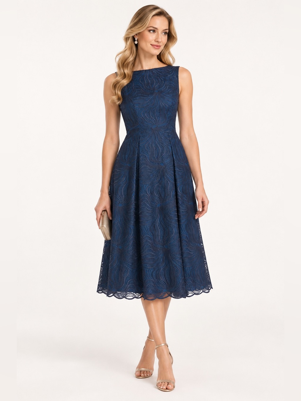 JS Collections Sleeveless Navy Lace Floral Dress Embroidered Scalloped Wedding 6